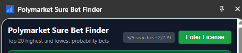 Polymarket Sure Bet Finder side panel — Enter License button highlighted