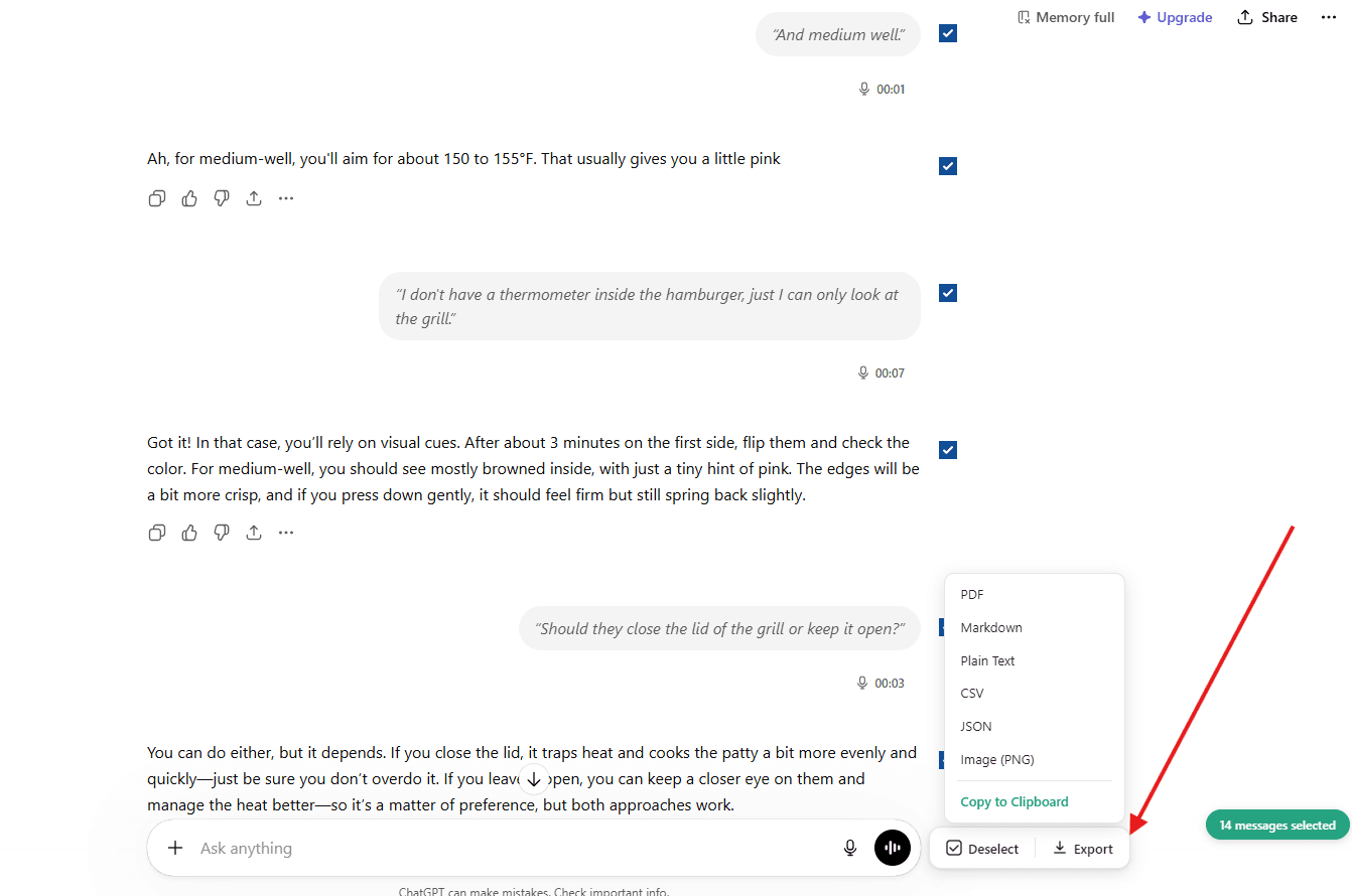 Export format dropdown showing PDF, Markdown, Text, CSV, JSON, Image and Copy to Clipboard